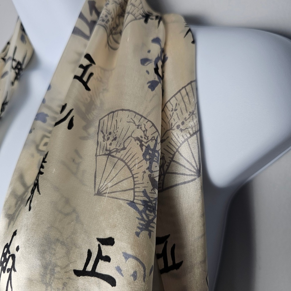 Silk Scarf Unisex Cream Black Calligraphy Fan Print Fringe Wrap Neutral Academia - Picture 2 of 9